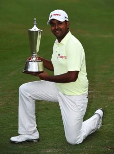 Anirban Lahiri with the Indian Open trophy.