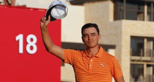 Rickie Fowler celebrates his win in Abu Dhabi.