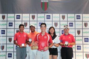Yannick Artigolle (centre) flanked by fellow-qualifiers for the 11th Faldo Series Asia Grand Final, Kho Tai-chi (far left), Leon D’Souza (second left), Andrea Au (second right) and Hu Jing (far right). 