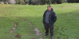 Tony Jonas, golf course superintendent at North Shore Golf Club, near damage caused by a vehicle with occupants looking for Pokemon on their phone app. Picture by Doug Sherring