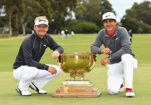 Soren Kjeldsen and Thorbjorn Olesen with the World Cup of Golf trophy. Picture by Quinn Rooney/Getty Images