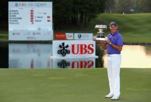 Sam Brazel shows off the UBS Hong Kong Open trophy. Picture by Warren Little/Getty Images